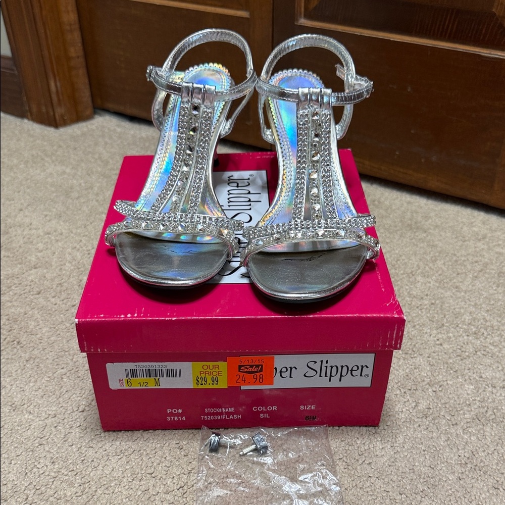 Silver Rhinestone T-Strap Dress Sandals with Ankle Strap